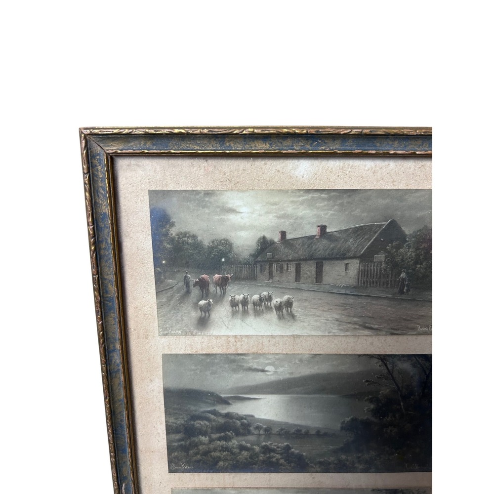 Vintage Framed Triptych‎ Prints Pastoral Scenes Signed Antique Gold Frame - Picture 2 of 13